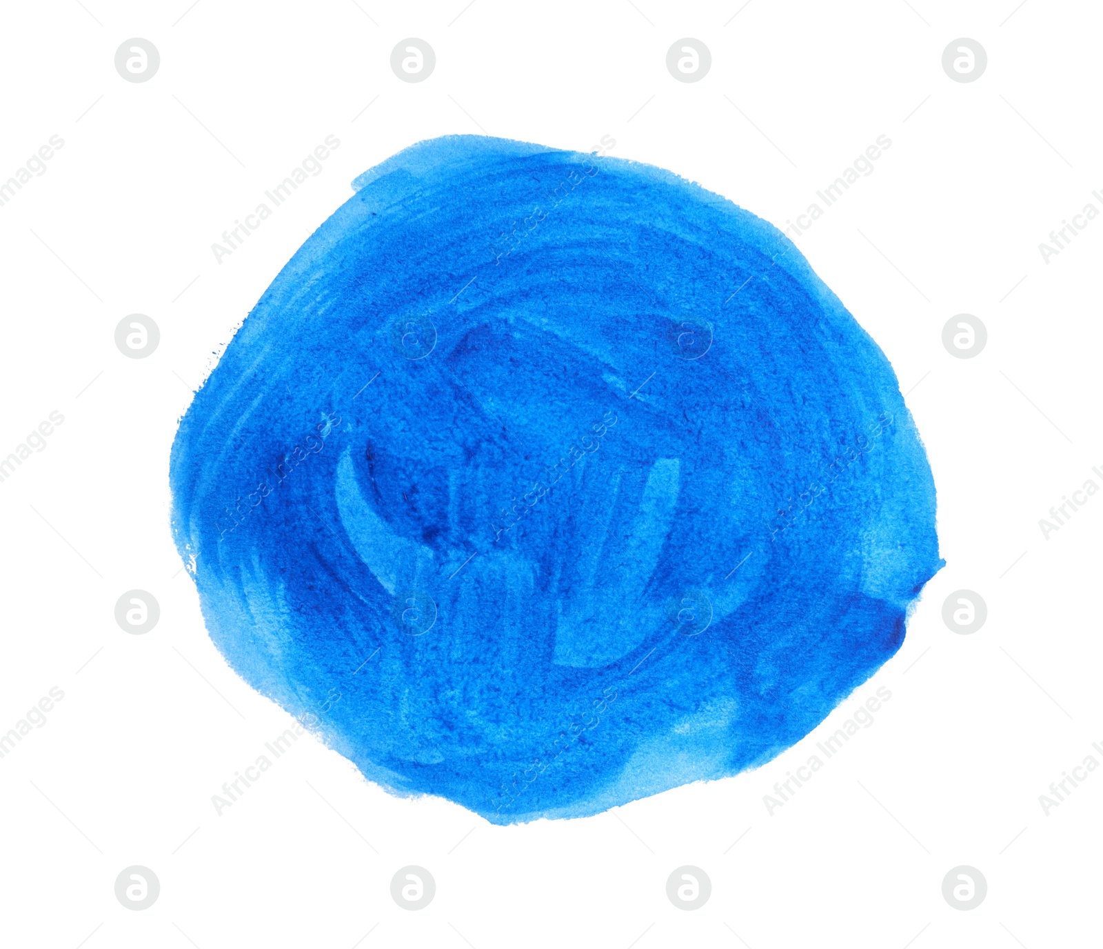 Photo of Blue paint circle drawn with brush on white background, top view