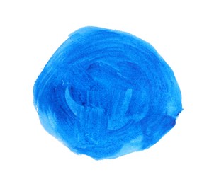 Photo of Blue paint circle drawn with brush on white background, top view