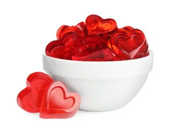 Photo of Sweet heart shaped jelly candies on white background