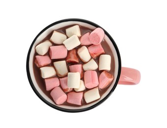 Cup of delicious hot chocolate with marshmallows isolated on white, top view