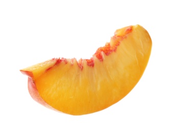 Photo of Slice of juicy peach on white background