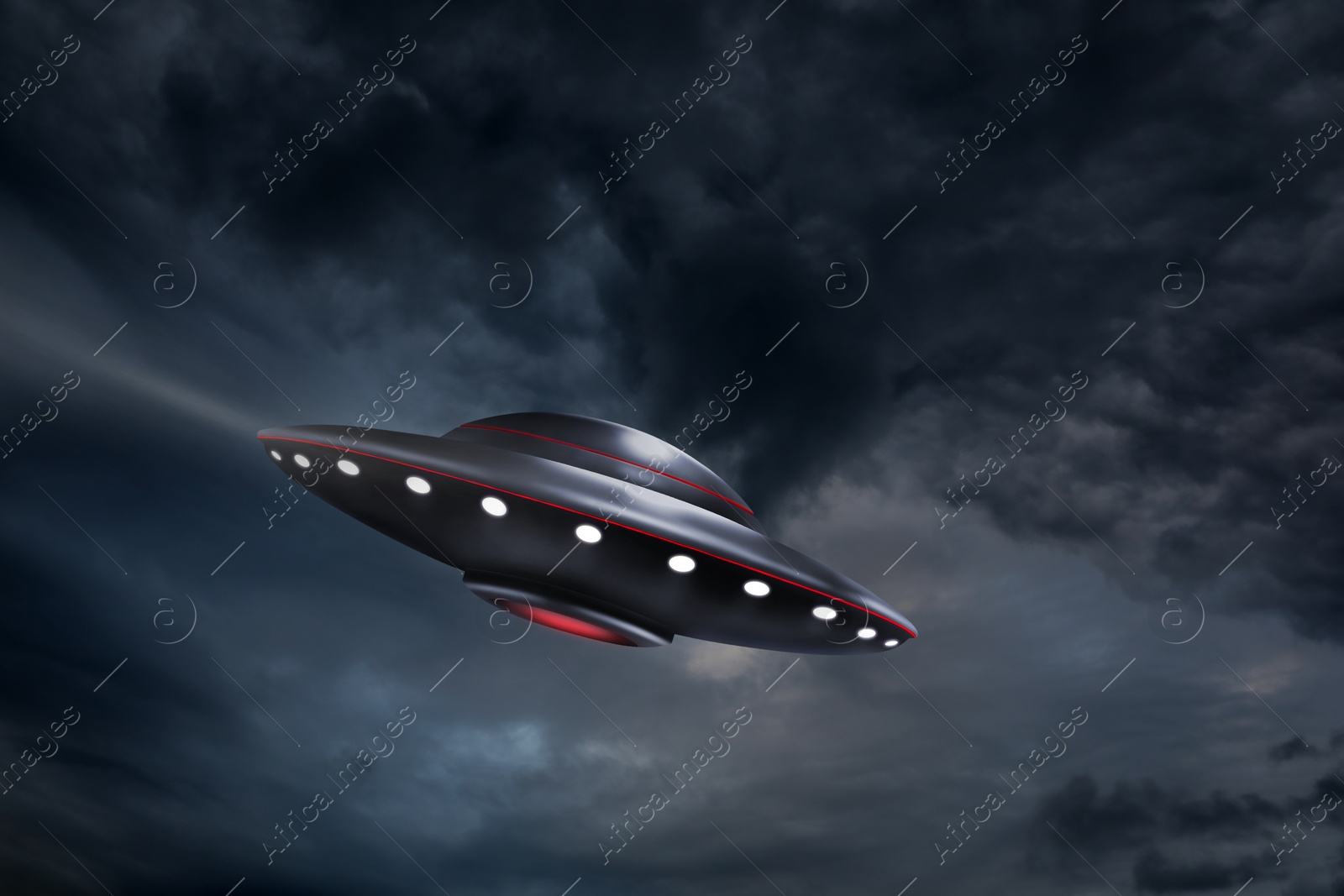 Image of UFO. Alien spaceship among clouds in sky. Extraterrestrial visitors