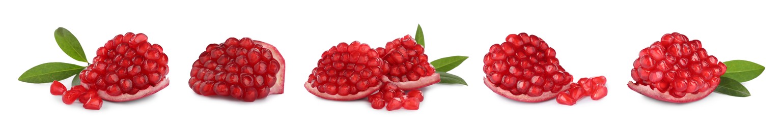 Image of Set with pieces of tasty ripe pomegranates on white background. Banner design