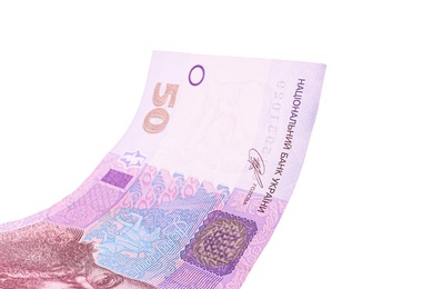 Photo of 50 Ukrainian Hryvnia banknote on white background