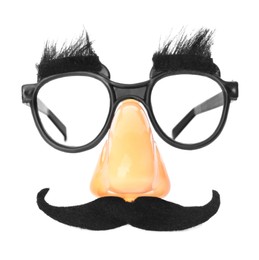 Photo of Funny glasses isolated on white. Clown's accessory