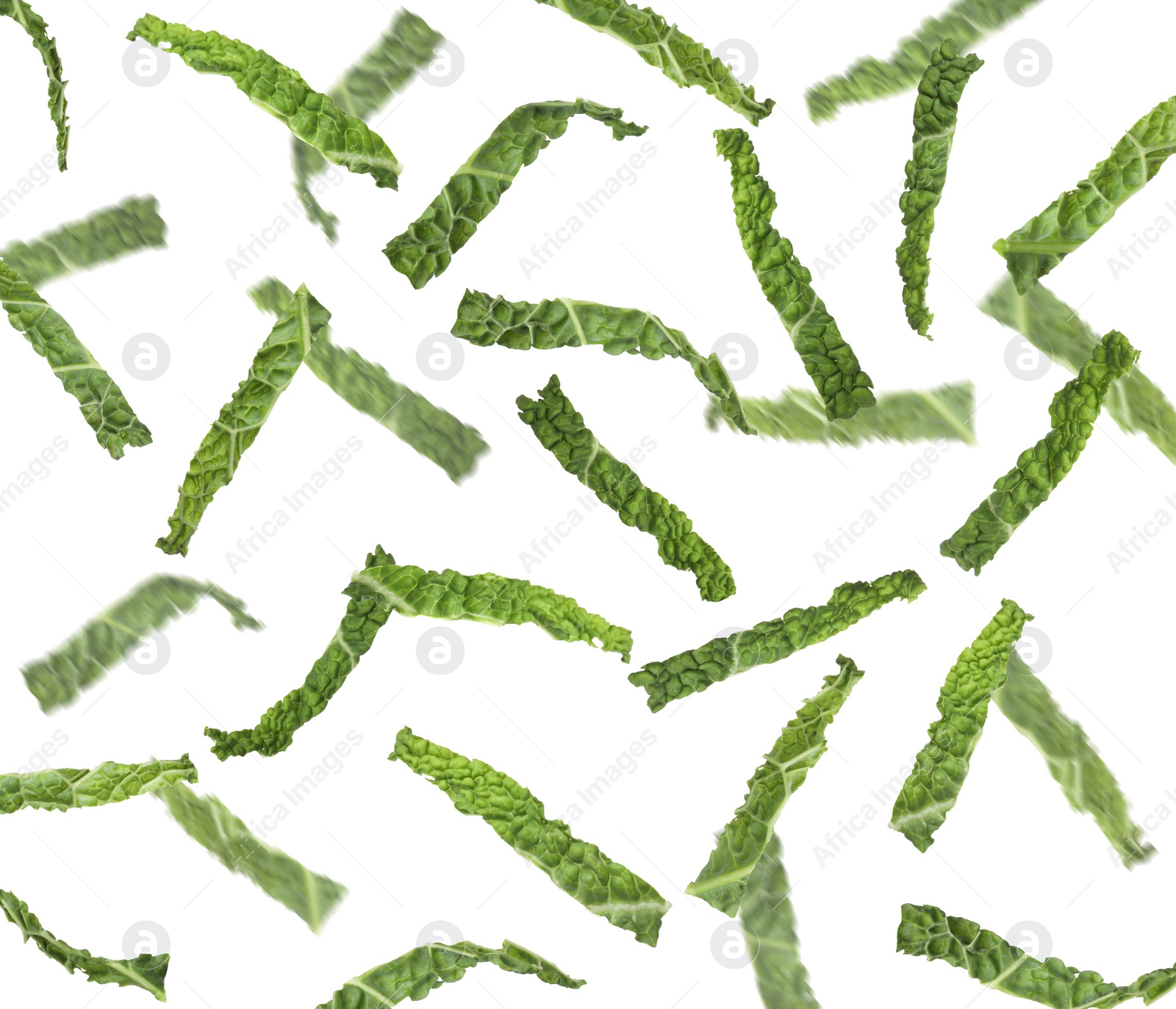 Image of Set with falling fresh pieces of savoy cabbages on white background