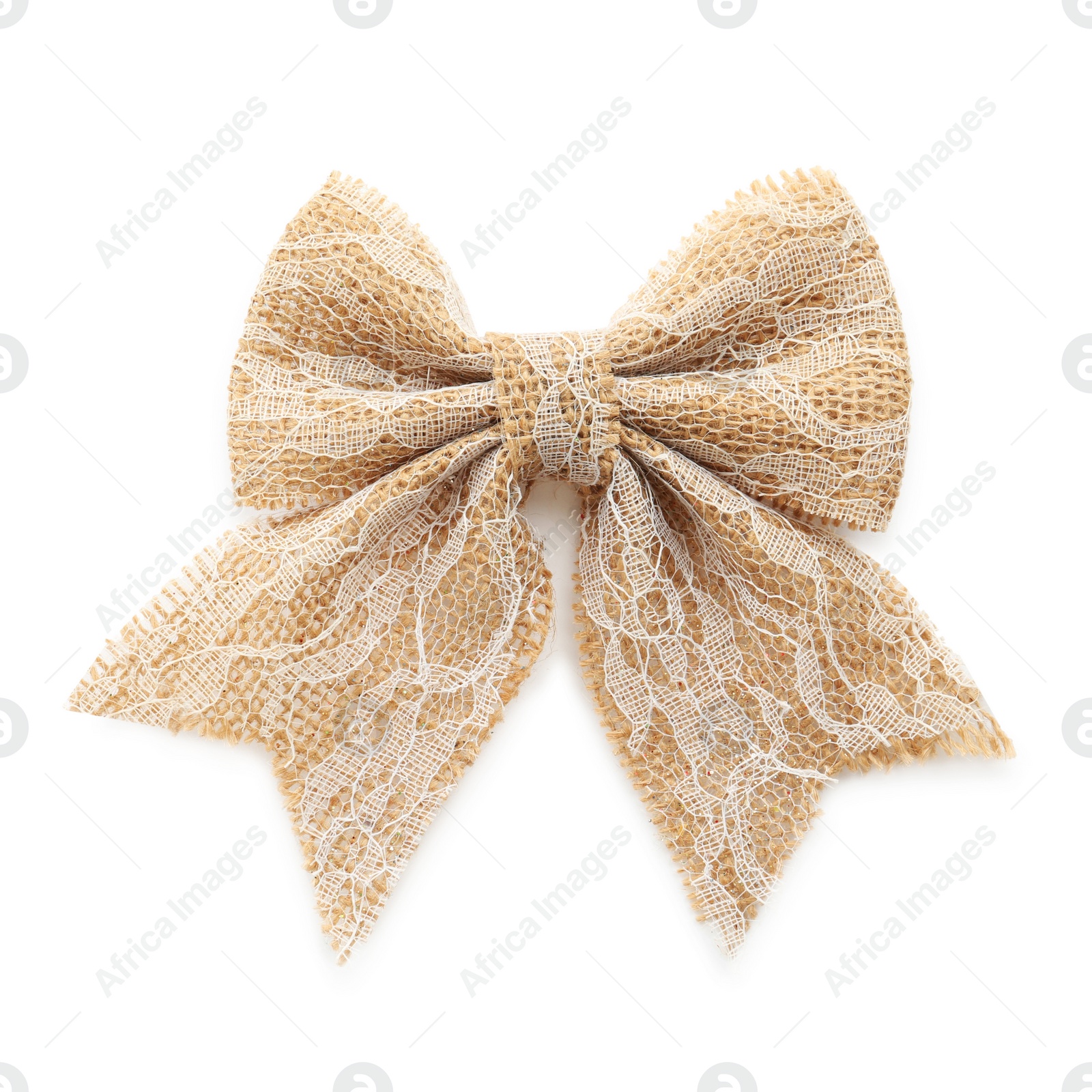 Photo of Pretty bow made of burlap with lace isolated on white, top view