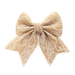 Photo of Pretty bow made of burlap with lace isolated on white, top view