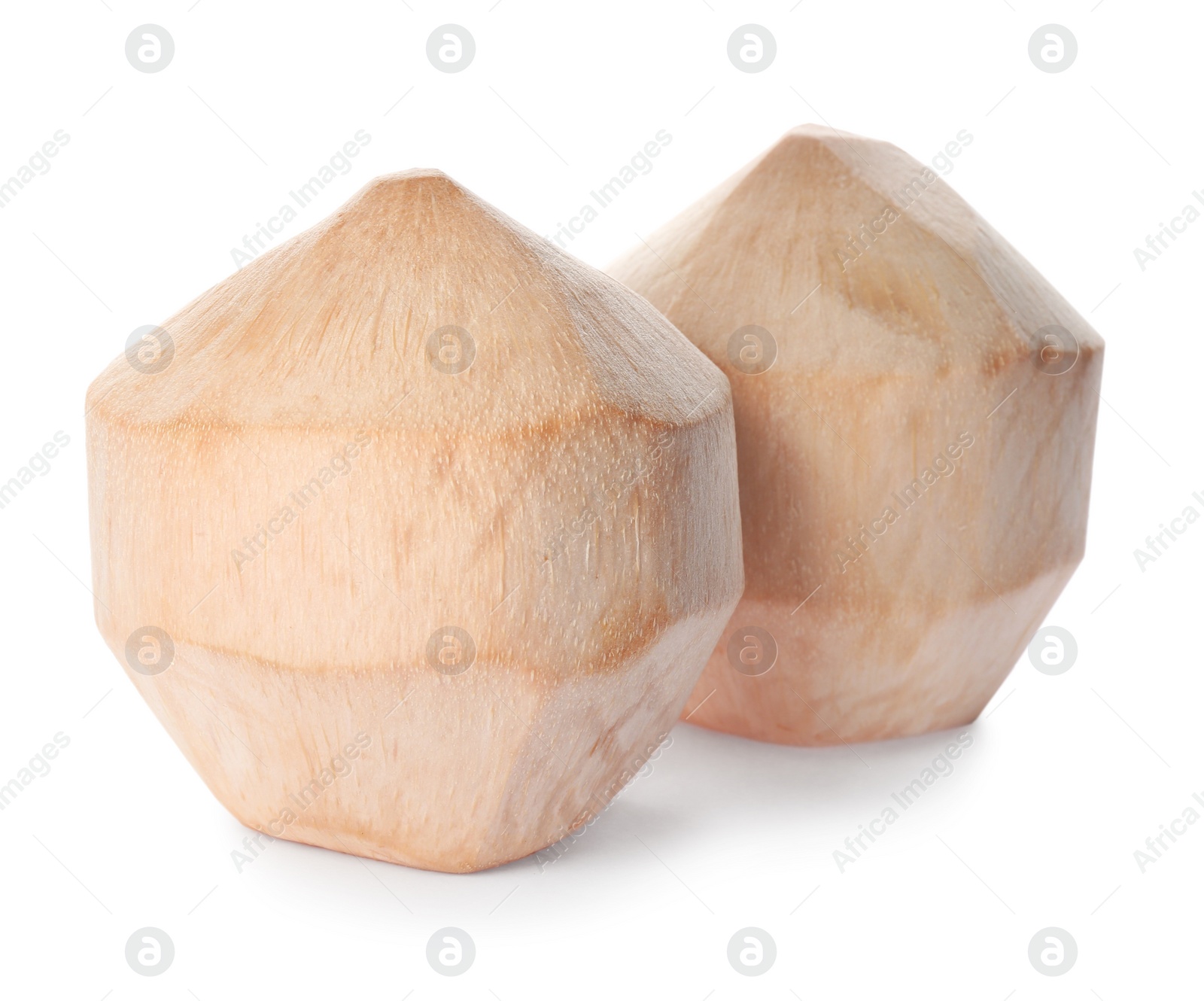 Photo of Fresh young peeled coconuts on white background