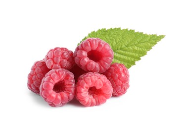 Photo of Fresh ripe raspberries with green leaf on white background