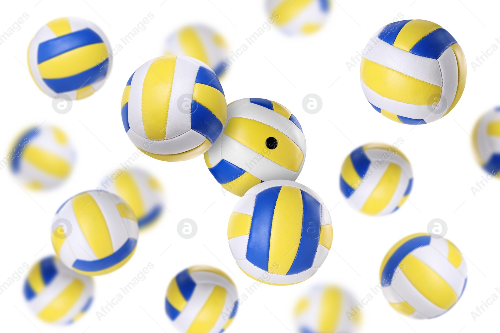 Image of Many volleyball balls flying on white background
