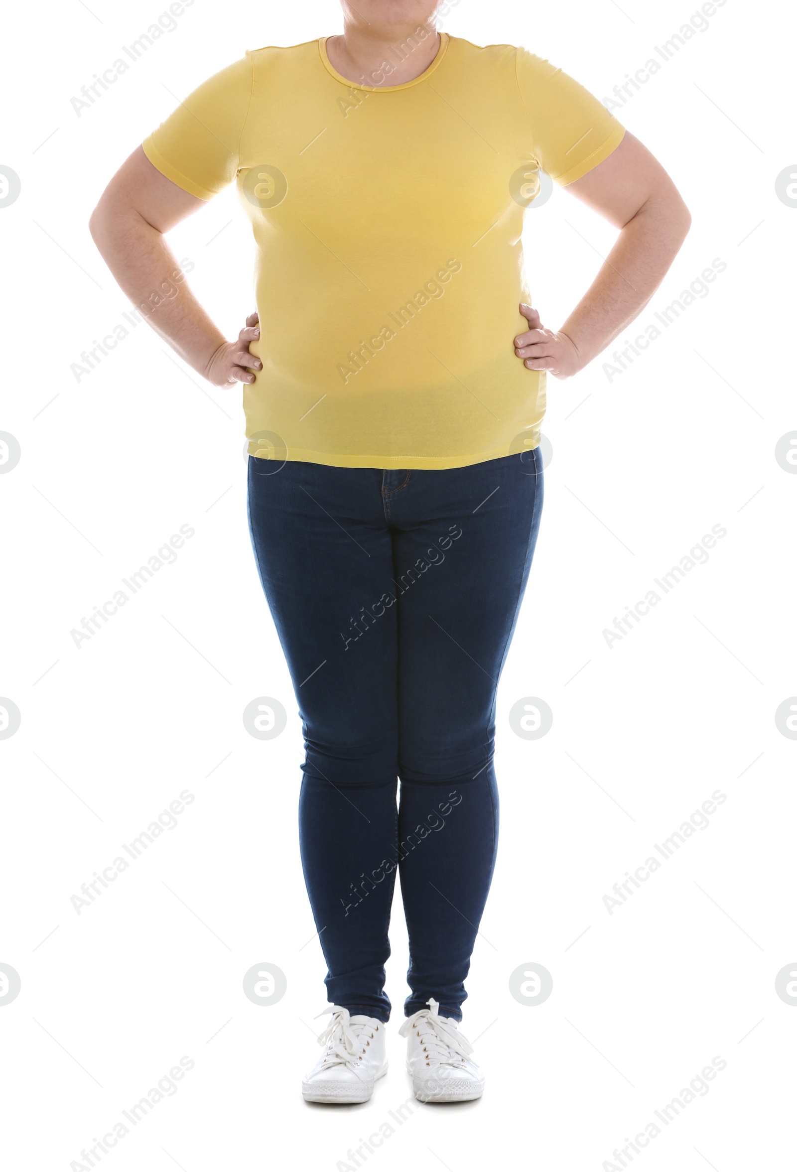 Photo of Overweight woman on white background, closeup. Weight loss