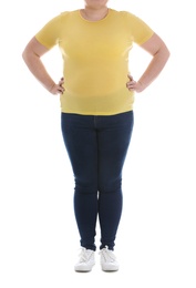 Overweight woman on white background, closeup. Weight loss