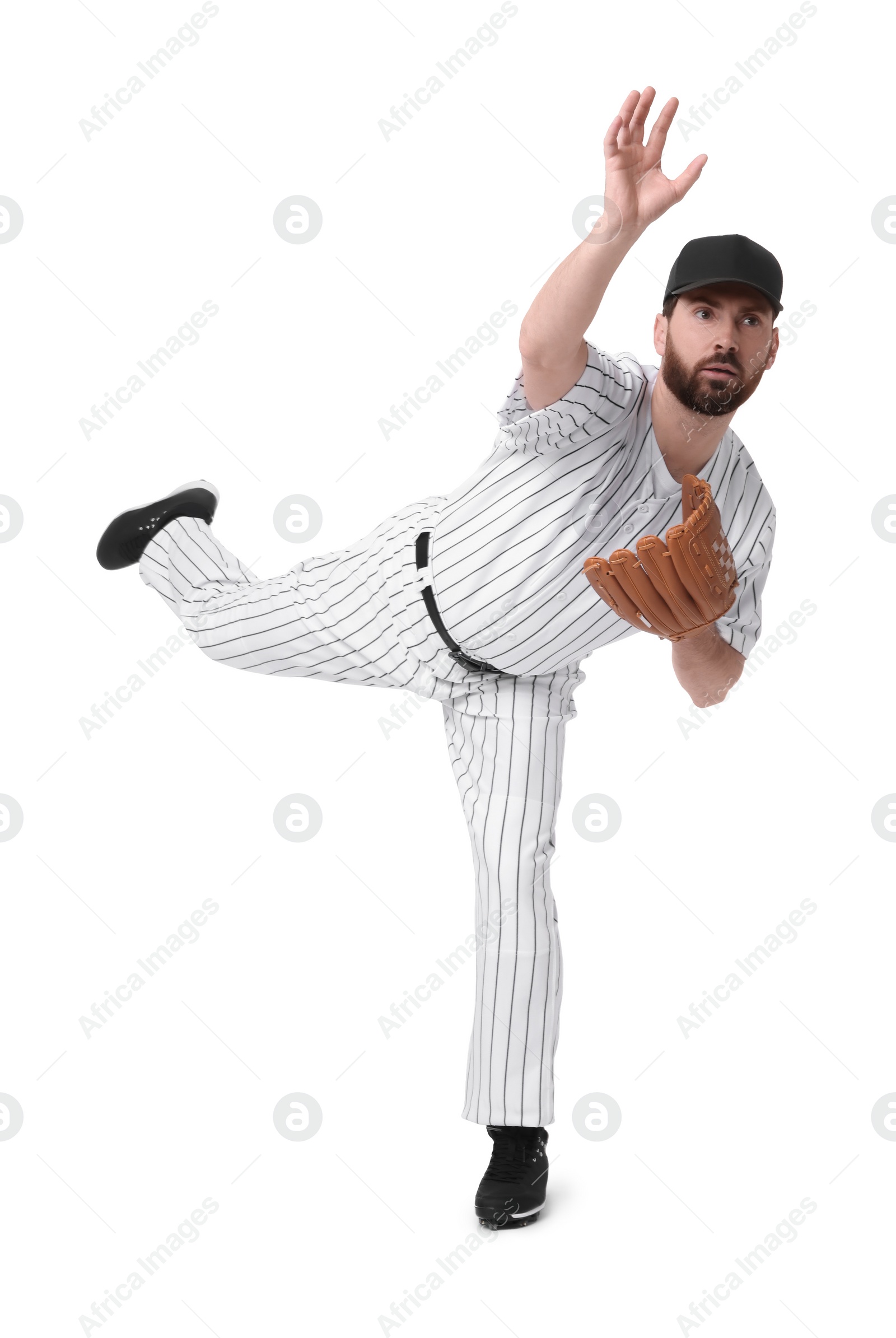 Photo of Baseball player with leather glove on white background