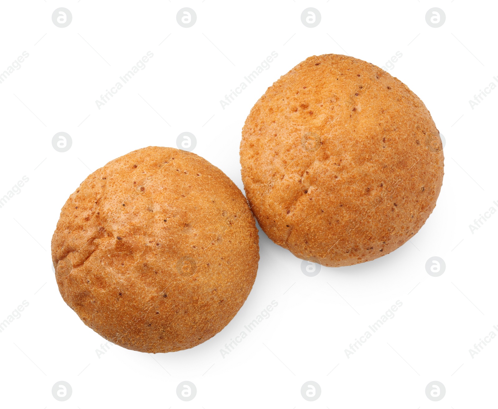 Photo of Fresh hamburger buns isolated on white, top view