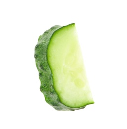 Photo of Slice of fresh cucumber on white background