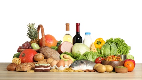 Different products on wooden table. Healthy food and balanced diet