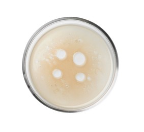 Photo of Petri dish with beige liquid isolated on white, top view