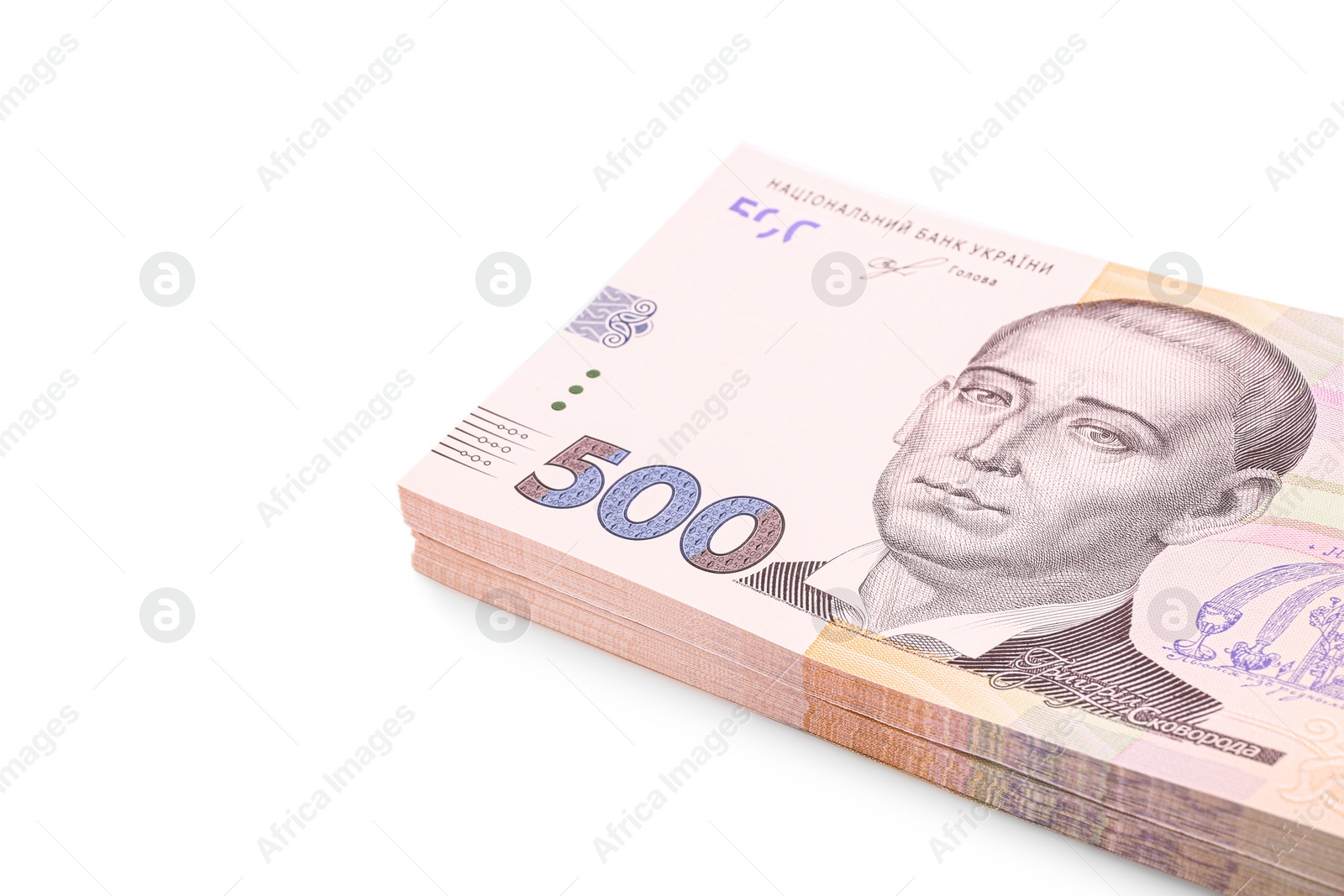 Photo of 500 Ukrainian Hryvnia banknotes on white background, closeup