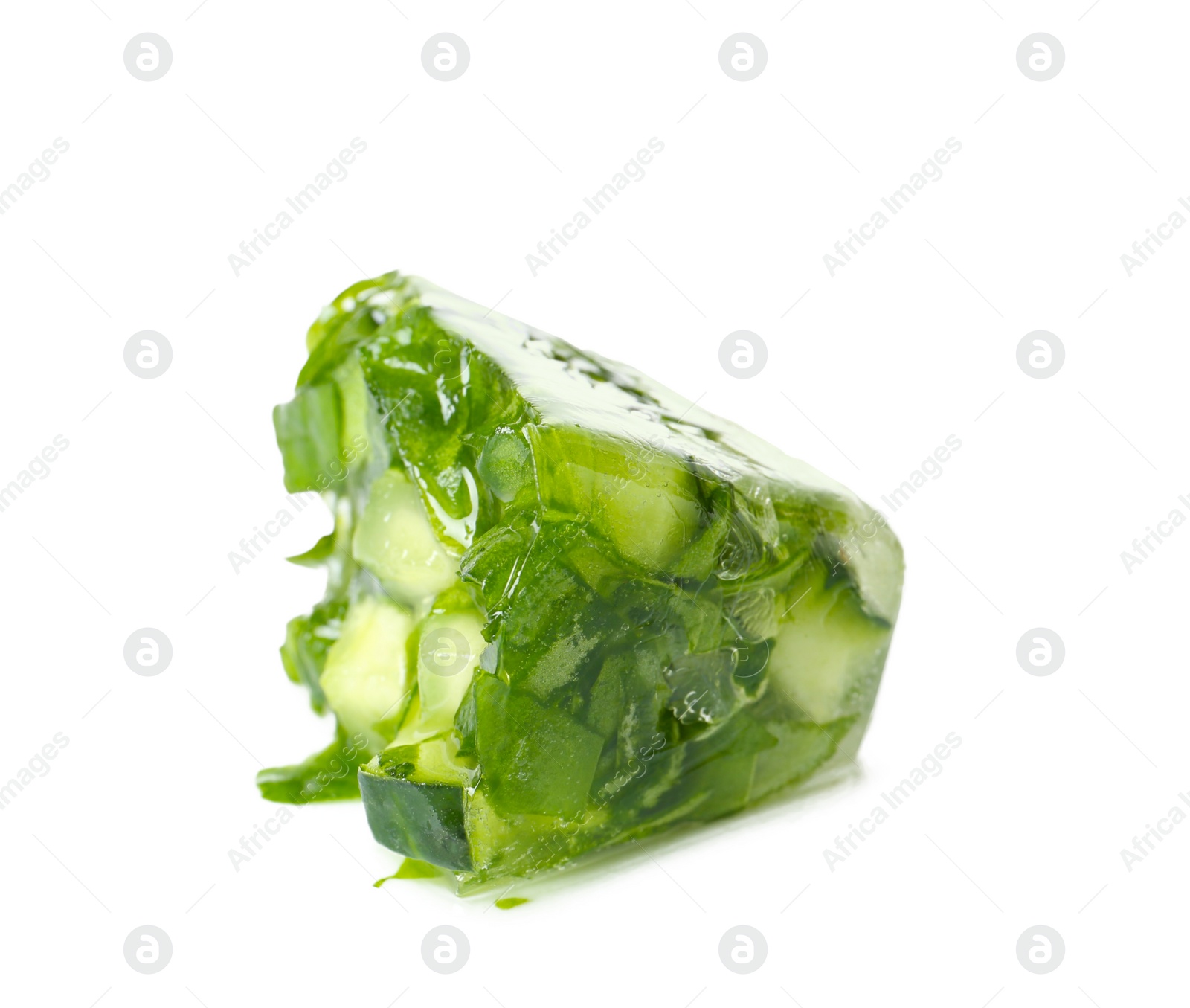 Photo of Ice cube with cucumber slices and herbs on white background