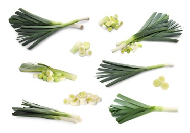 Set with fresh raw leeks on white background