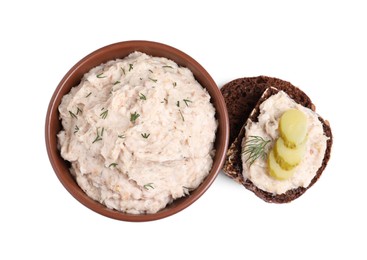 Delicious lard spread and sandwich on white background, top view