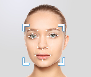 Facial recognition system. Woman with scanner frame and digital biometric grid on light background