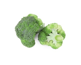 Fresh raw green broccoli isolated on white, top view