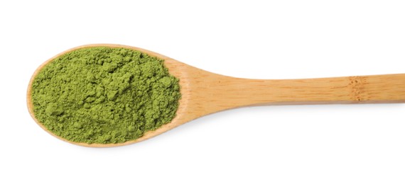 Photo of Spoon of green matcha powder isolated on white, top view