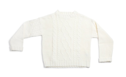 Warm knitted sweater on white background, top view