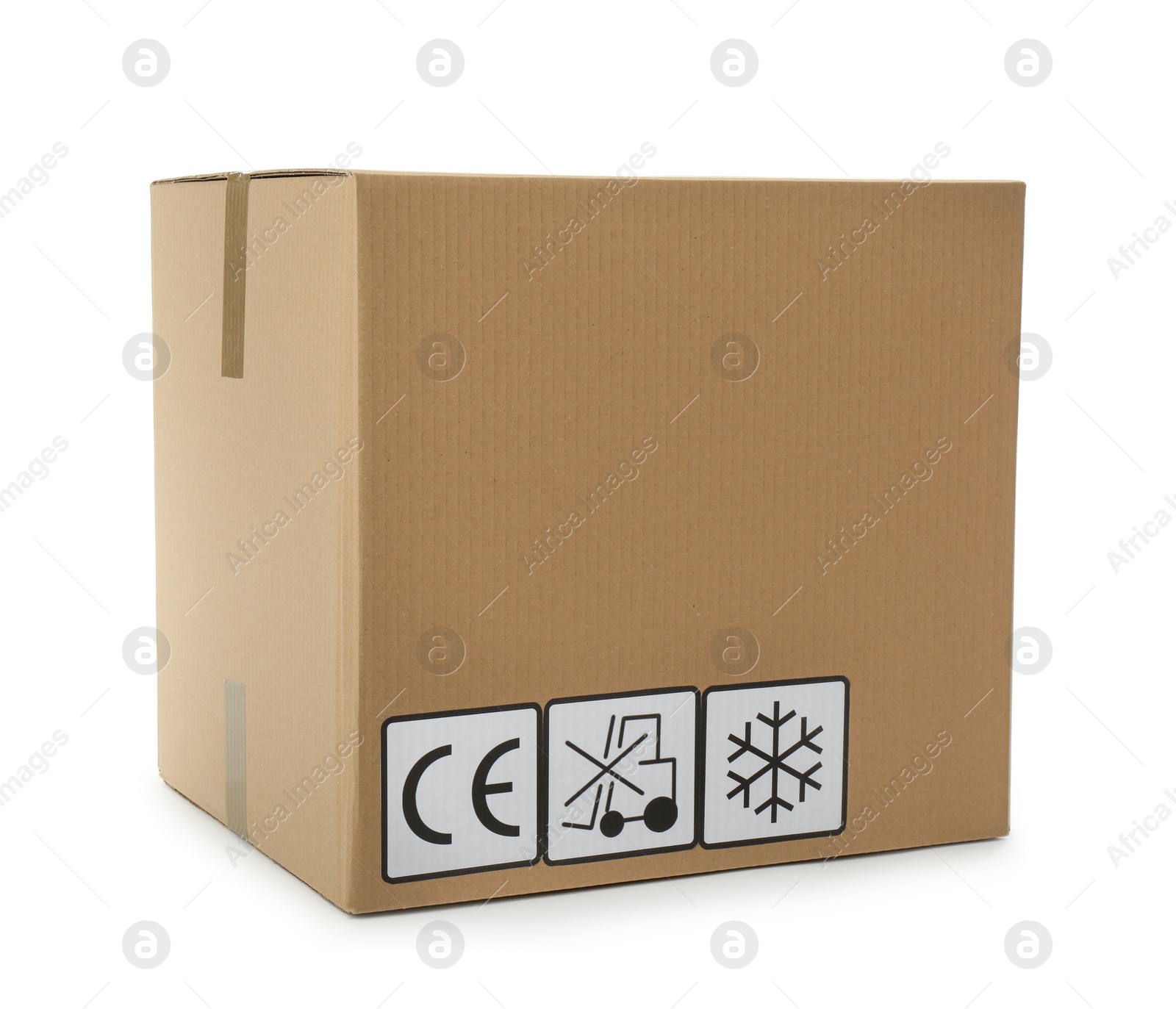 Photo of Cardboard box with different packaging symbols isolated on white. Parcel delivery