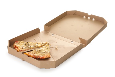 Cardboard box with pizza pieces on white background
