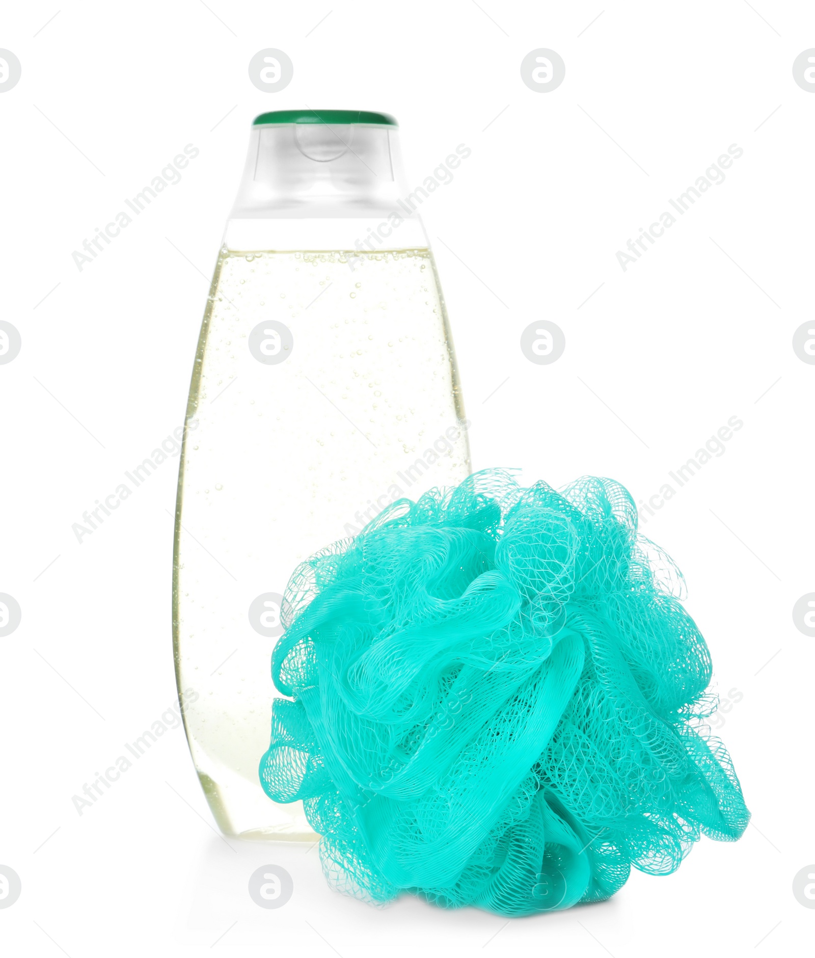 Photo of Personal hygiene product and shower puff isolated on white