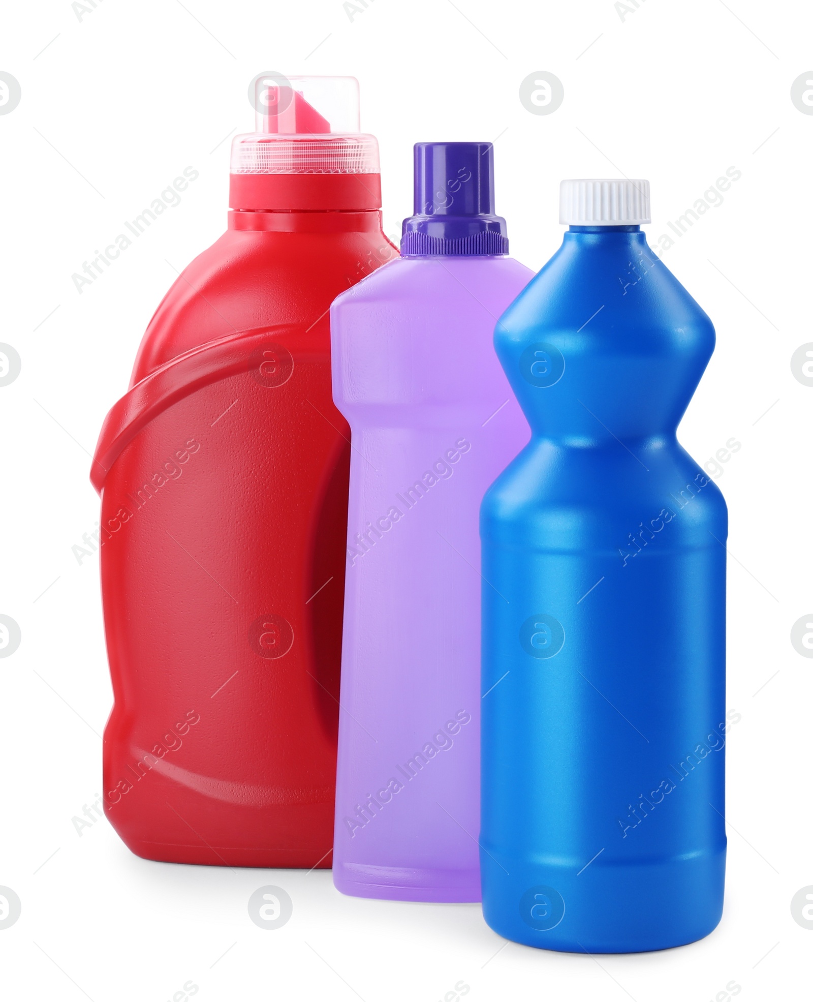 Photo of Bottles of different cleaning products isolated on white