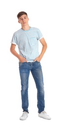 Teenage boy in casual clothes on white background