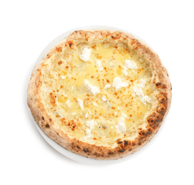 Photo of Delicious cheese pizza isolated on white, top view