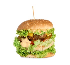 Photo of Burger with delicious patty isolated on white