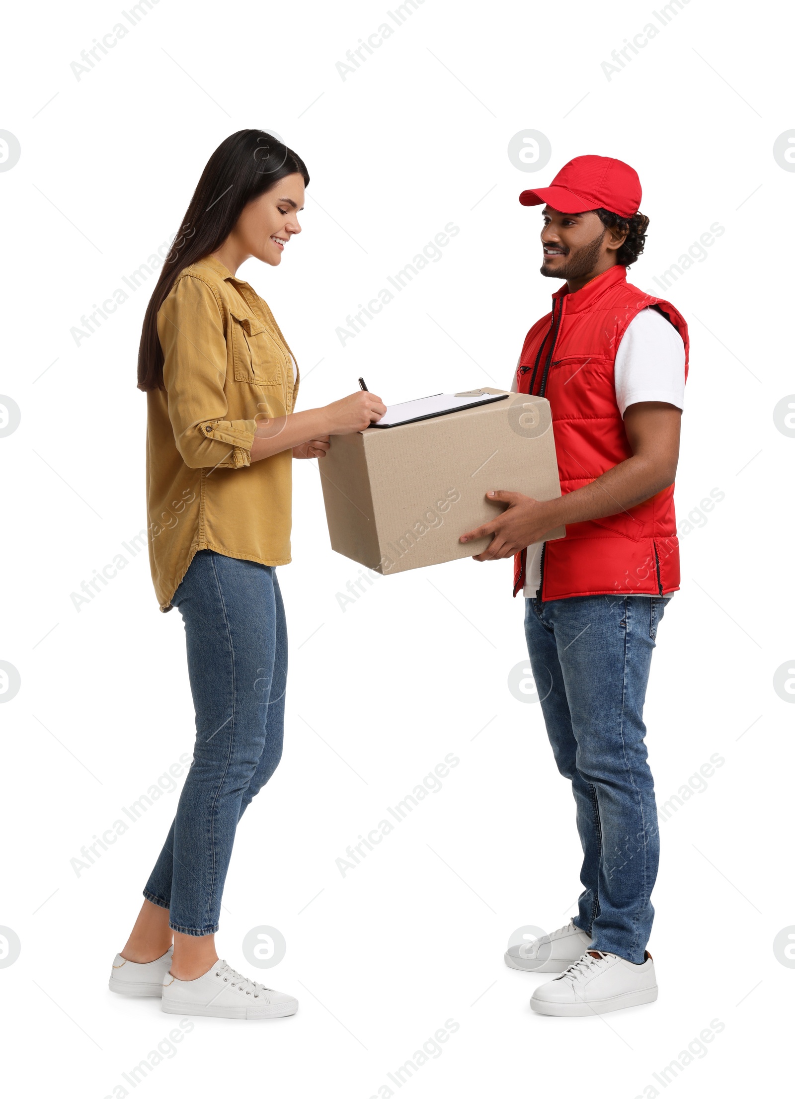 Photo of Smiling woman signing order receipt on white background. Courier delivery