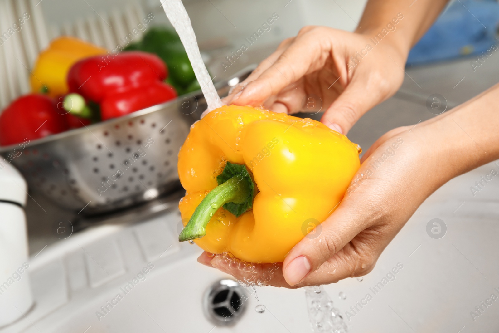 Photo of Woman washing paprika pepper in kitchen sink, closeup