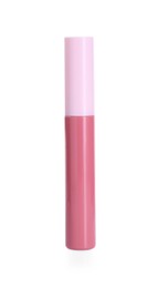 Photo of One pink lip gloss isolated on white. Cosmetic product