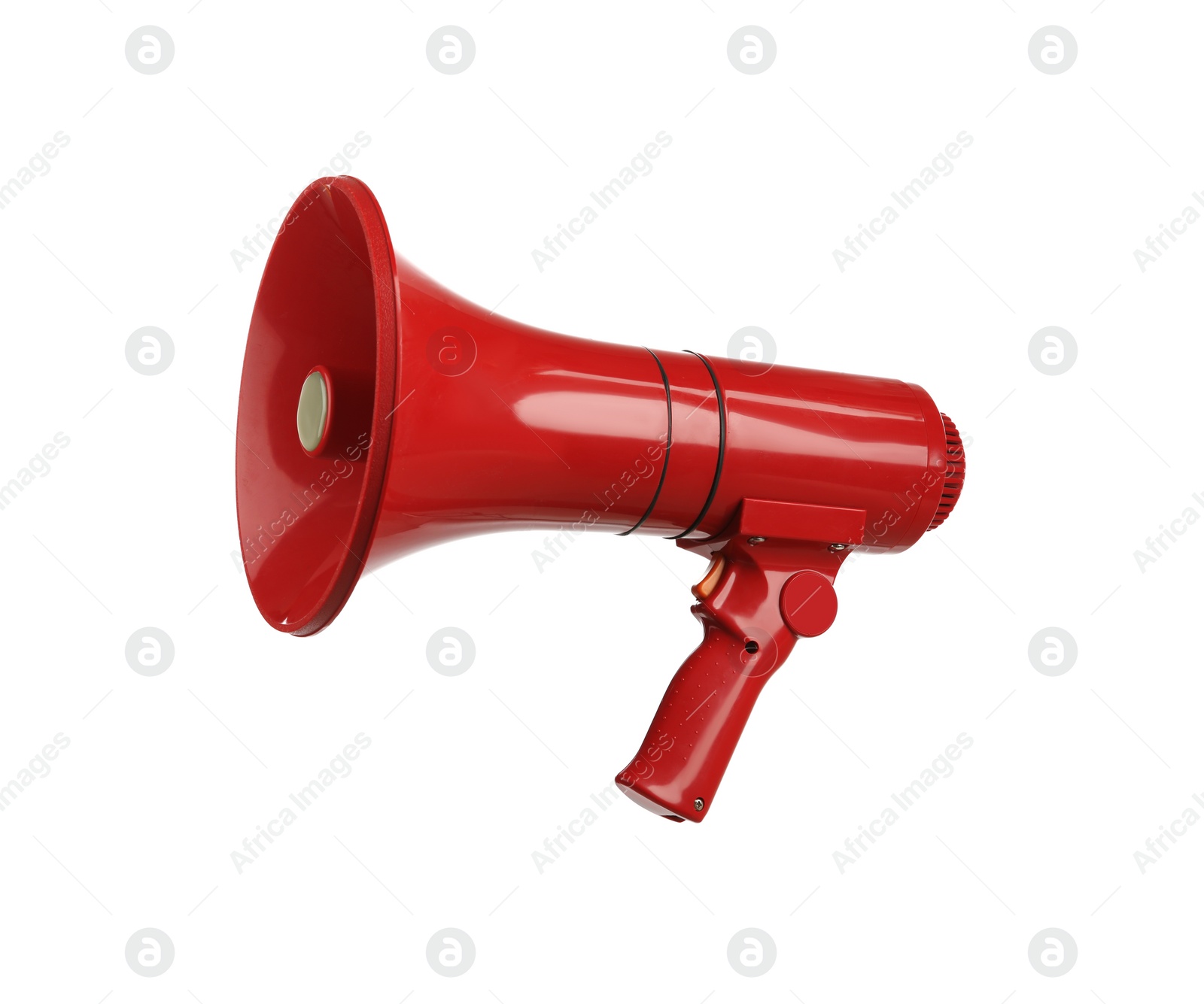 Photo of Red electronic megaphone on white background. Loud-speaking device