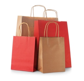 Mockup of paper shopping bags on white background