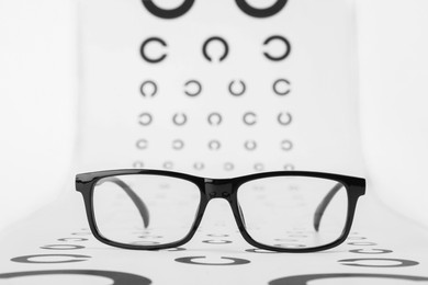 Photo of Vision test chart and glasses on white background, closeup