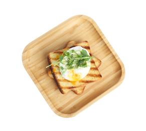 Delicious poached egg with toasted bread and sprouts isolated on white, top view