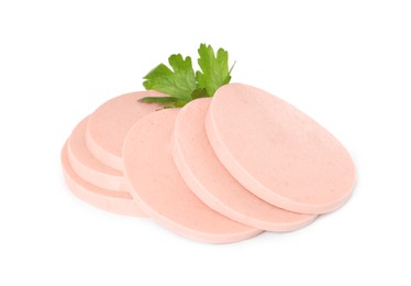 Photo of Slices of delicious boiled sausage with parsley on white background