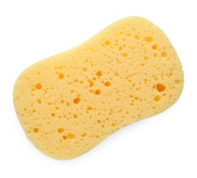 Photo of One yellow sponge isolated on white, top view