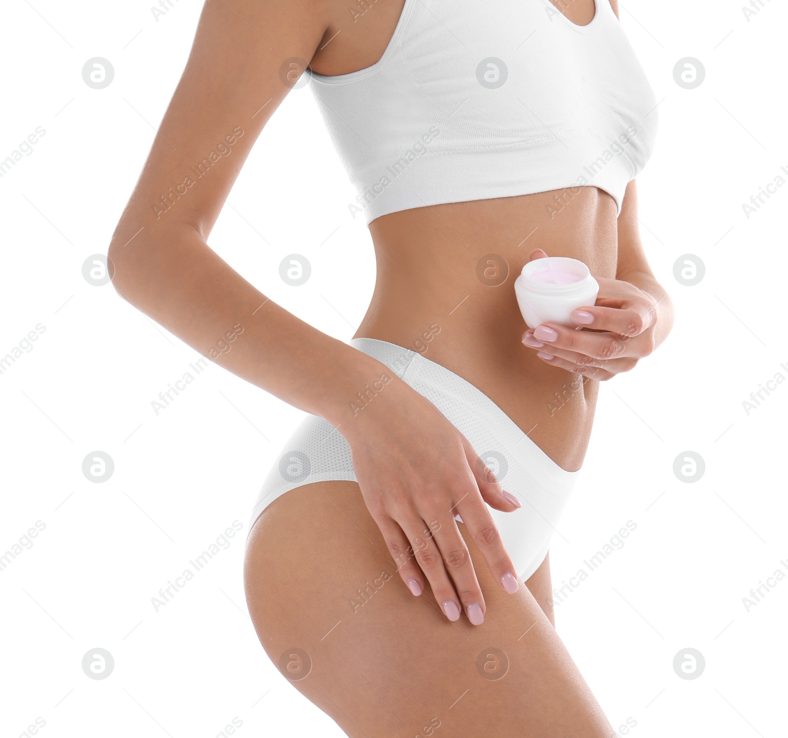 Photo of Young woman with jar of cream on white background. Beauty and body care