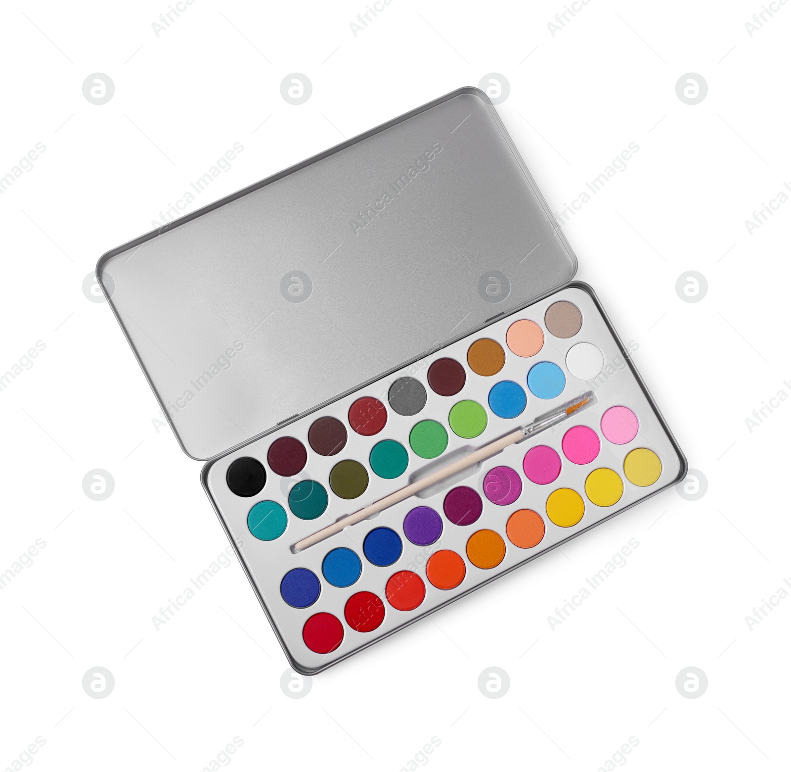 Photo of Watercolor palette with brush isolated on white, top view