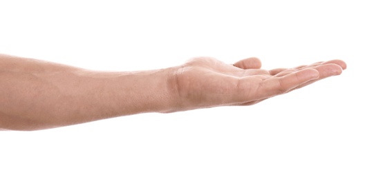 Photo of Man holding something in hand on white background, closeup