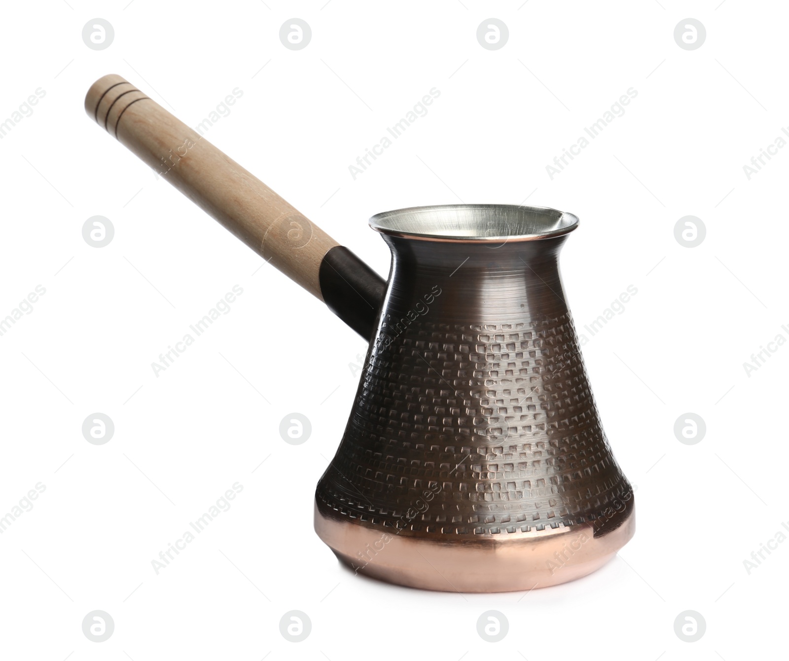 Photo of Beautiful copper turkish coffee pot with wooden handle isolated on white